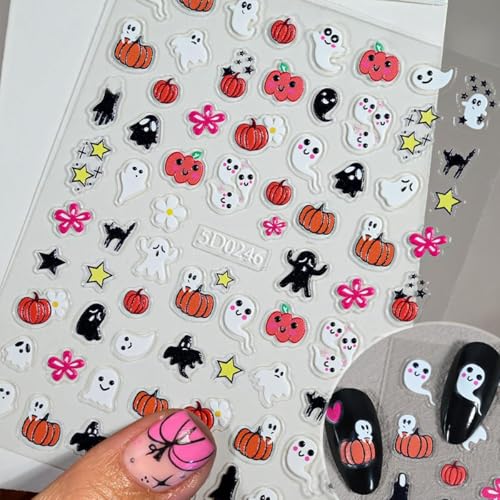 OSTTMA 3 Sheets 5D Embossed Halloween Nail Art Stickers - Horror Ghost, Pumpkin, Bat & Skull Self-Adhesive Decals for Manicure