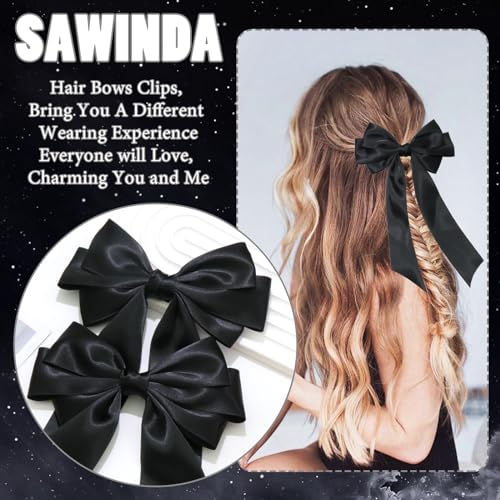 Black Satin Hair Bow Clips 2PCS Oversize Long Tail French Barrette