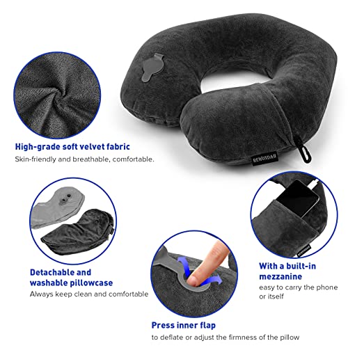 Rewondah Dark Grey U-Shaped Inflatable Travel Neck Pillow with Washable Velour Cover