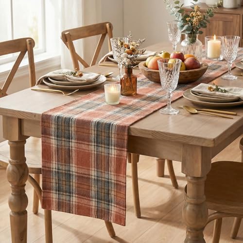 Rust Farmhouse Table Runner 13x72 Inch - Fall Plaid Home Decor, Durable Polyester