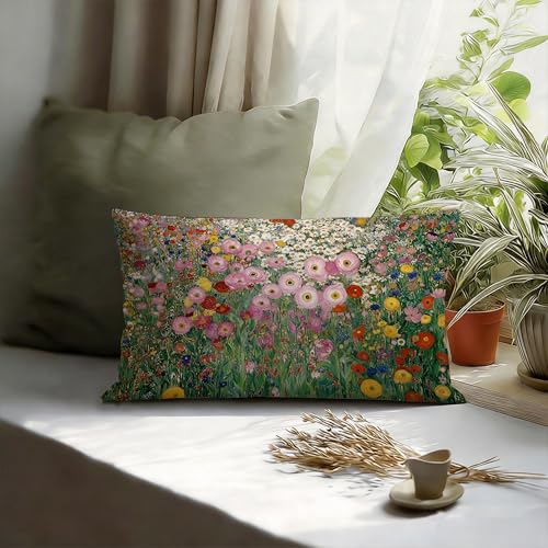Gustav Klimt Style Wildflower 12x20 Lumbar Pillow Cover, Flannel Floral Case