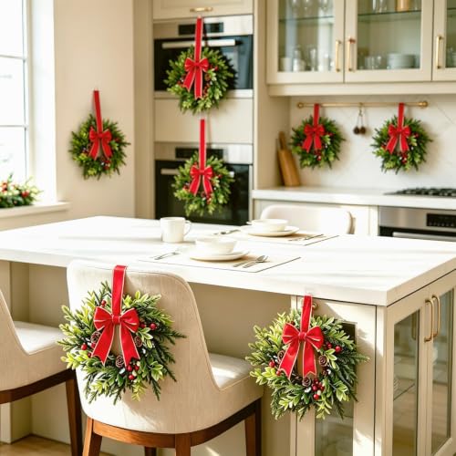 6 Pcs Christmas Wreath for Cabinets 14-Inch with Red Bows & Pine Cones - Holiday Decor