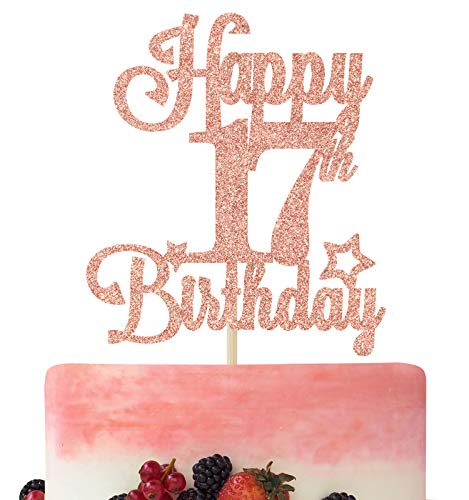 Happy 17th Birthday Cake Topper - Rose Gold Glitter Decoration