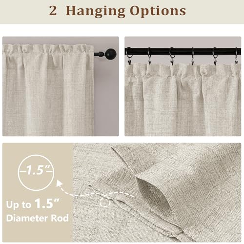 Ebesto Natural Kitchen Curtains 30W x 24L Inches - 2 Panels Light Filtering Faux Linen Texture, Rod Pocket Short Window Drapes for Kitchen, Bathroom, Over Sink, Pack of 2
