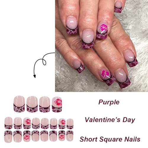 Valentine Short Square Press on Nails Heart Glossy Acrylic False Nails 24 Pcs