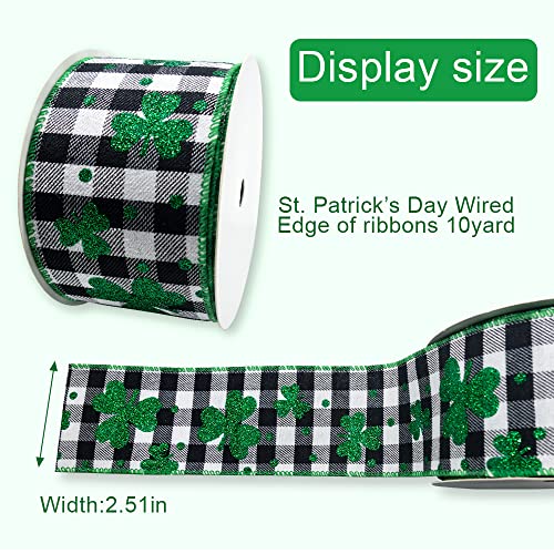 St Patrick's Day Burlap Ribbon 2.5" x 10 Yards - Black White Plaid with Green Glitter Shamrocks