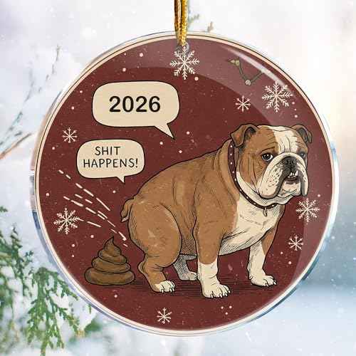 Funny Pooping Bulldog Christmas Ornament - 3.6 in Acrylic Gag Gift
