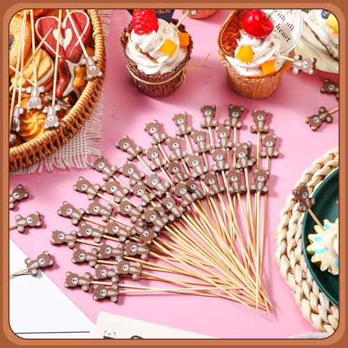 4.7 Inch Bamboo Cocktail Picks - Bear Style Decorative Food Skewers (100 Pack)