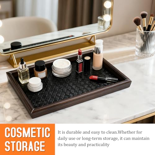 Wooden Valet Tray Desk Organizer with Leather Base - Multi-Purpose Storage for Jewelry, Wallets, Keys & More