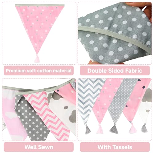 10.8ft Cotton Triangle Bunting Banner - 12 Pink & Grey Flags