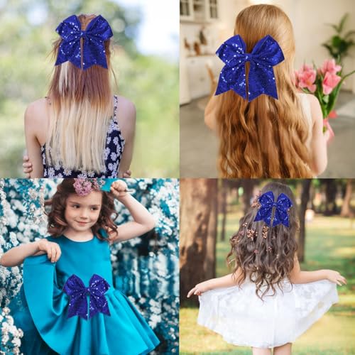 JOYRUBY 7 Inch Large Sequin Deep Blue Hair Bow Clip Cheer Bow