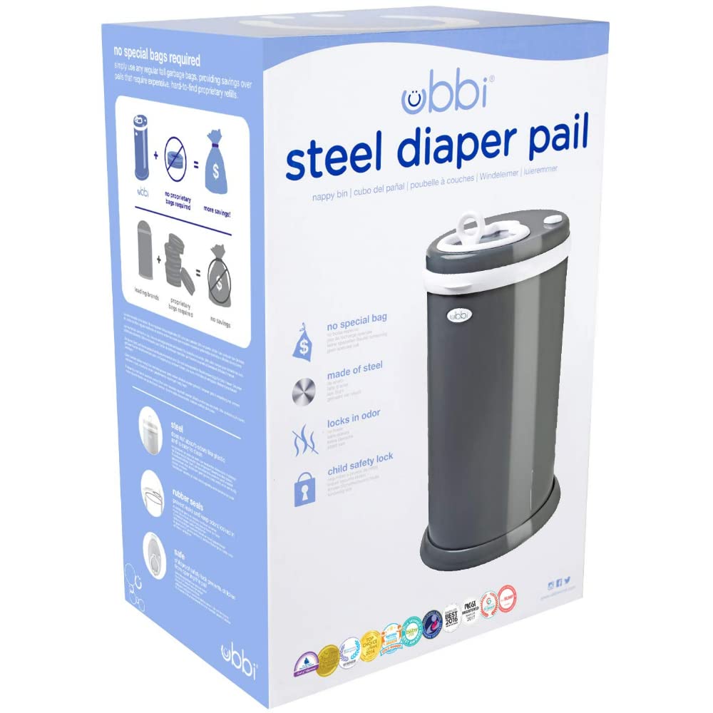 Ubbi Steel Diaper Pail - Odor Locking Design, No Special Bags Needed | Award-Winning Slate Color