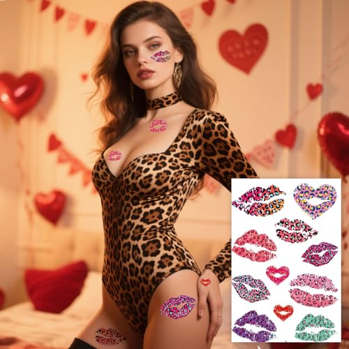 WIWUFUE Valentine's Day Temporary Tattoos 6 Sheets, Waterproof Romantic Hearts & Sexy Lips Body Art Stickers for Couples