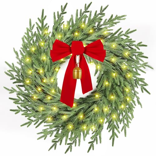 Artificial Christmas Wreath with Lights 26 Inch Pine Decor with Bow & Bell Style2