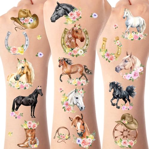 Serencatcher Floral Horse Temporary Tattoos - 12 Sheets Western Party Favors