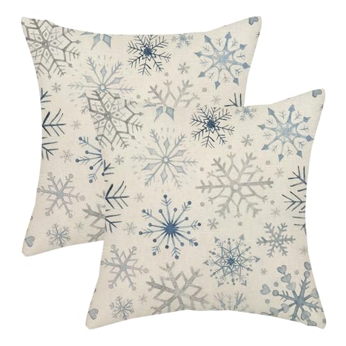 Christmas Pillow Covers 20x20 Inch Set of 2 - Blue Grey Snowflakes Holiday Decor