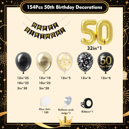Black and Gold 50th Birthday Decorations Kit - 154pcs with Banner & Balloons