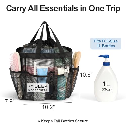 F-color Mesh Shower Caddy with Drawstring - Portable Dorm Shower Bag, Black