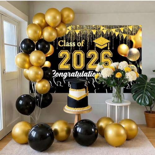 Black and Gold Graduation Banner 2026 - Durable Congrats Grad Backdrop