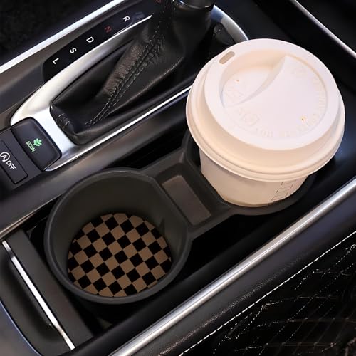Khaki Checkered Ceramic Car Coasters - 2 Pack with Cork Base