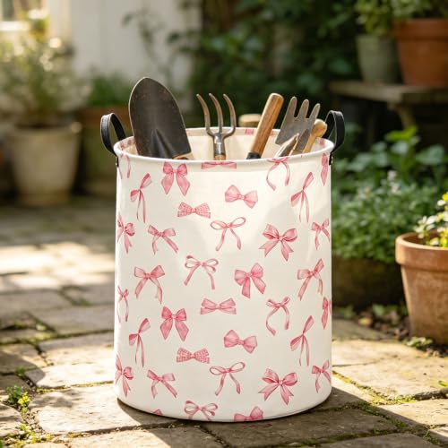 Collapsible Waterproof Laundry Basket - 19.7" Hamper with Handles (Pink Bowknot)