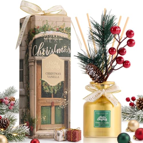 Christmas Vanilla Reed Diffuser Set - Home Fragrance with Gold Bottle & Holiday Decor