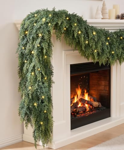 9FT Christmas Cedar Garland - Pre-Lit & Realistic Greenery with 8 Lighting Modes - Cascade Cedar Style, 2 Pack