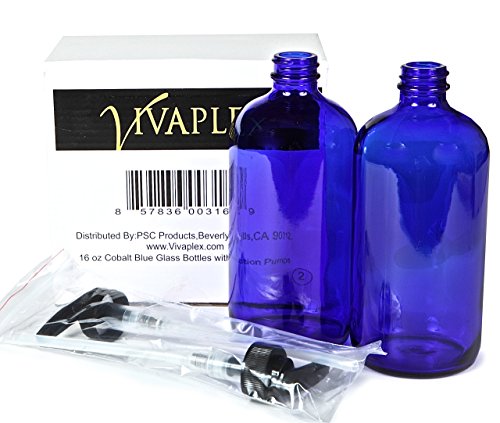 Vivaplex 16 oz Cobalt Blue Glass Bottles with Black Lotion Pumps - 2 Pack
