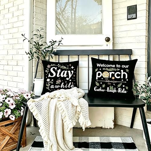 Welcome to Our Porch Black Throw Pillow Covers - Set of 4, 18x18