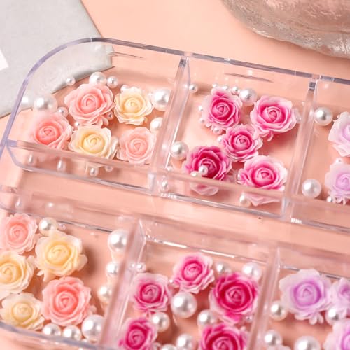 3D Flower Nail Charms with Pearls, Camellia Rose Floral Jewelry Set