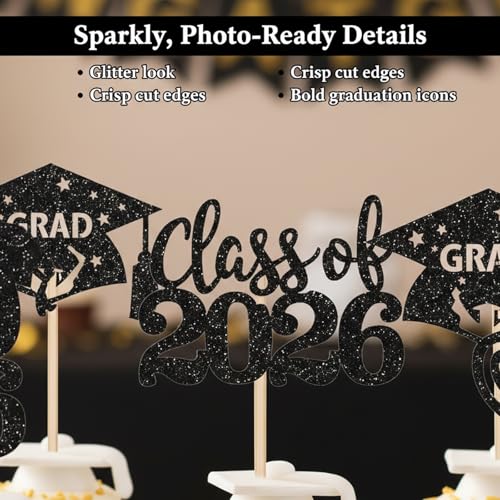36 PCS Class of 2026 Graduation Cupcake Toppers - Black Glitter