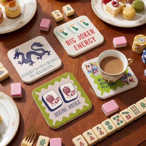 4-Pack Mahjong Coaster Set - Colorful Drink Coasters for Game Night