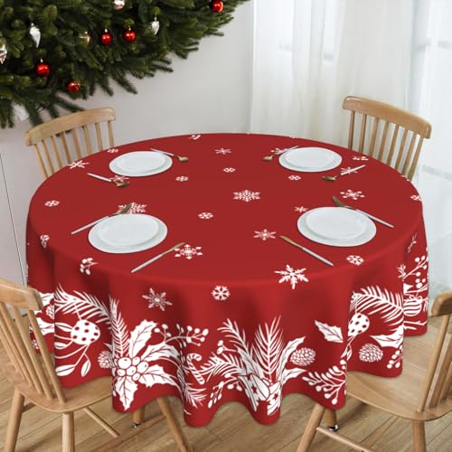 Christmas Round Tablecloth 60 Inch Red Floral Leaf Winter Holiday Decor