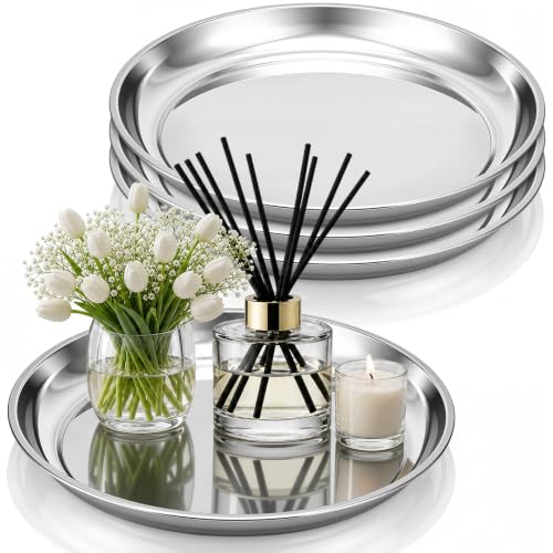 14 Inch Silver Mirror Decorative Tray Set - Round Stainless Steel