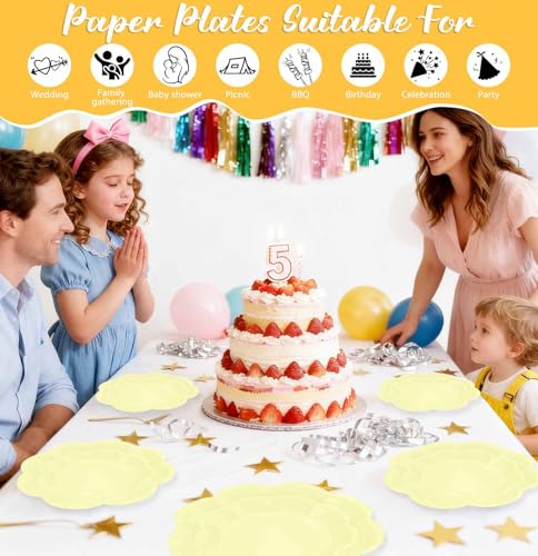 Yellow Paper Plates - 50 PCS Scalloped Disposable Plates Set