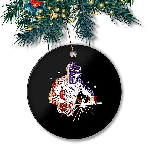 American Flag Welder Christmas Ornament - 3in Ceramic Keepsake Tree Decor