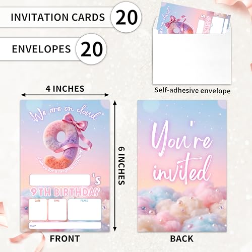 EXW 20 Pack Cloud 9th Birthday Invitations with Envelopes, 4x6 Fill-In Party Invites