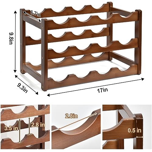 12-Bottle Wood Wine Rack - 3-Tier Free Standing Countertop Wine Storage