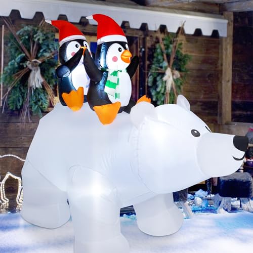 6.5 Foot Tall Christmas Inflatable Penguins on Polar Bear with LED Lights Outdoor Indoor Holiday Decoration - Penguins on Polar Bear Variant