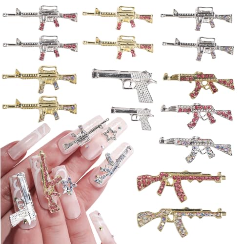 Y2K Punk Gun Nail Charms 15pcs Silver & Gold Rhinestone AK Nail Art