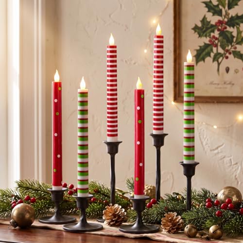 Christmas Flameless Taper Candles Set - Striped & Dots, 10.6 Inch, 6 Pack