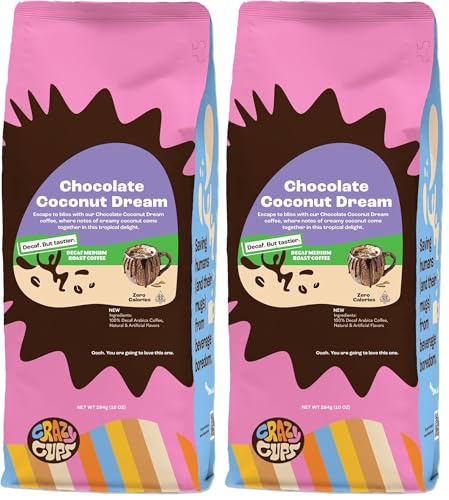 Crazy Cups Decaf Chocolate Coconut Dream Ground Coffee 10 oz Pack of 2 - Decaffeinated Flavored Coffee for Hot or Iced Brew