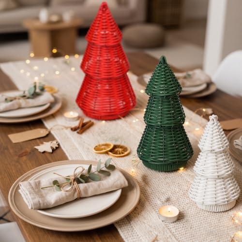 Qunclay 3 Pcs Rattan Christmas Tree Tabletop Decor - Classic Xmas Color