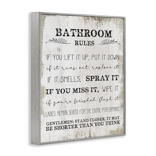 Stupell Industries Bathroom Rules Funny Word Wood Textured Design Gray Framed Giclee, 11x14