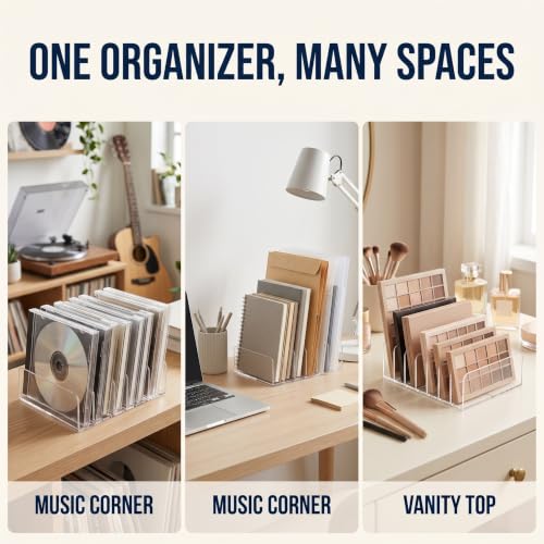 Acrylic CD Holder - Vertical Media Storage Rack for Up to 14 CDs, Clear Organizer