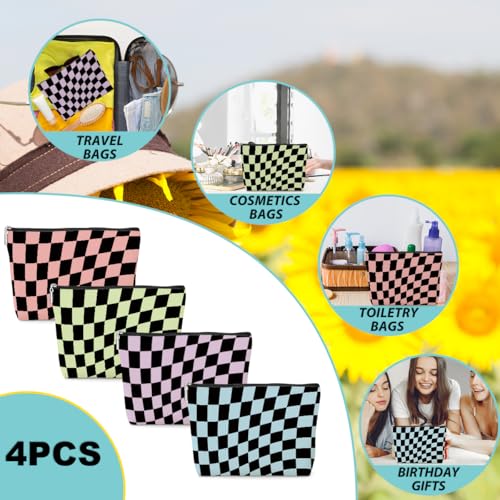 4 Pack Colorful Checkered Makeup Bag Cotton Linen Travel Toiletry Pouch