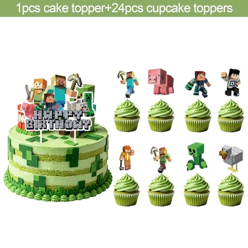 Green Pixel Miner Style Birthday Cake Toppers - 25 Pcs Party Supplies