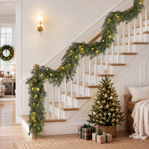 Pre-Lit Christmas Cedar Garland 9FT with Lights - Green, 4 Pieces