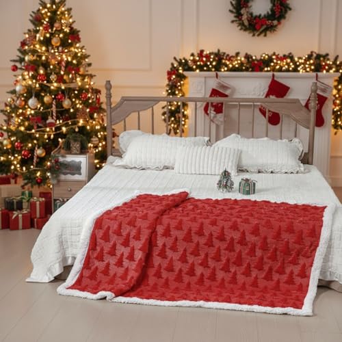 Remagr Christmas Sherpa Throw Blanket 50x60 Inches with 3D Xmas Tree - Red Variation