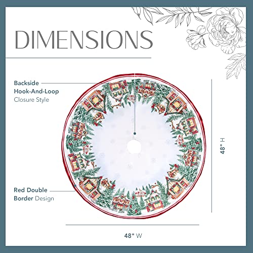Christmas Tree Skirt 48 Inch Round Holiday Village Snow Scene Fabric Decor